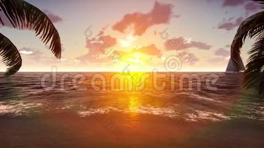 游艇在美丽的日落背景下驶过一个热带岛屿。 夏天的场景。 可循环使用。